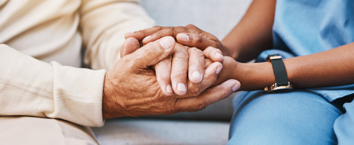 Nurse, hands and senior patient in empathy, safety and support of help