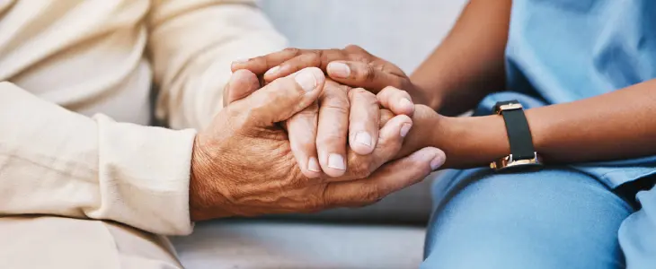 Nurse, hands and senior patient in empathy, safety and support of help